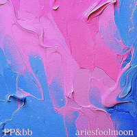 a blue and pink painting with the words p & b